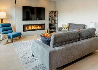 Richmond home renovation modern living room fireplace